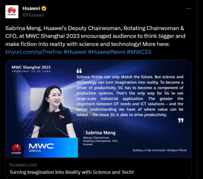 Huawei's Deputy Chairwoman, Rotating Chairwoman & CFO, at the Mobile World Congress Shanghai 2023.