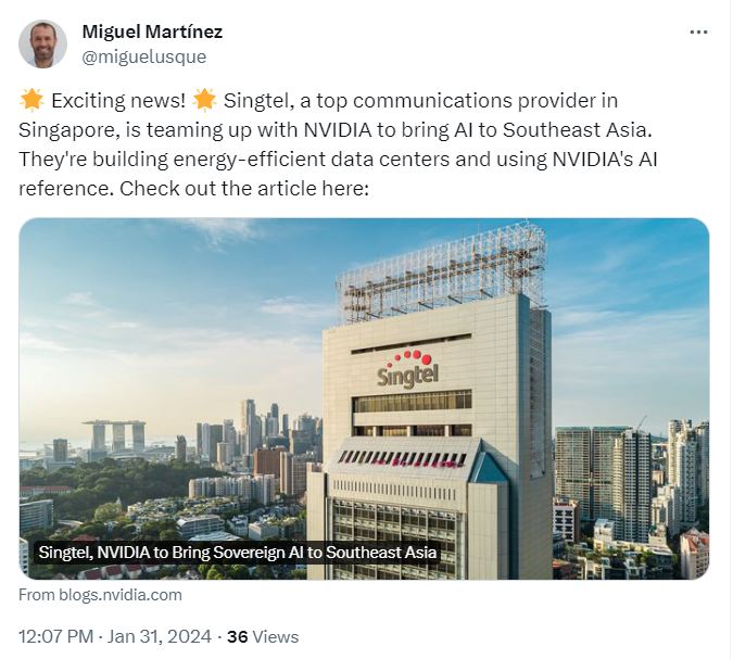 Singtel’s Digital InfraCo unit and Nvidia will collaborate on opportunities to support Singapore's updated National AI Strategy 2.0. 