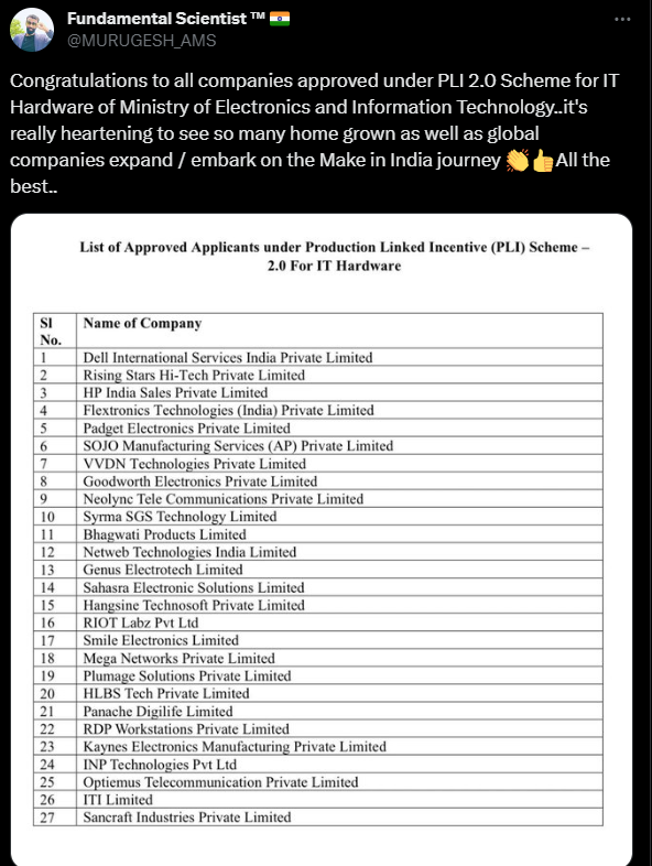 Companies approved under PLI 2.0 Scheme for IT Hardware. Source: X.com.