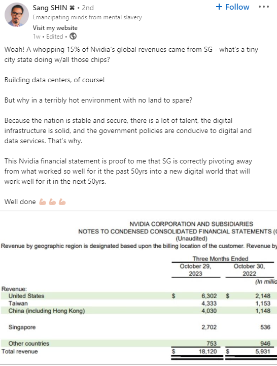 Singapore is thirsty for Nvidia chips to power data centers. Source: LinkedIn
